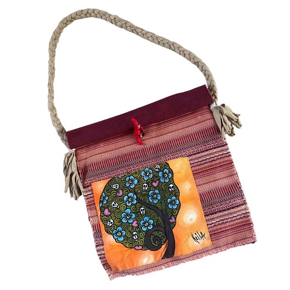 Handcrafted Shoulder Bag Hand Painted Tree‎ w/ Flowers Skulls Alternative Artsy